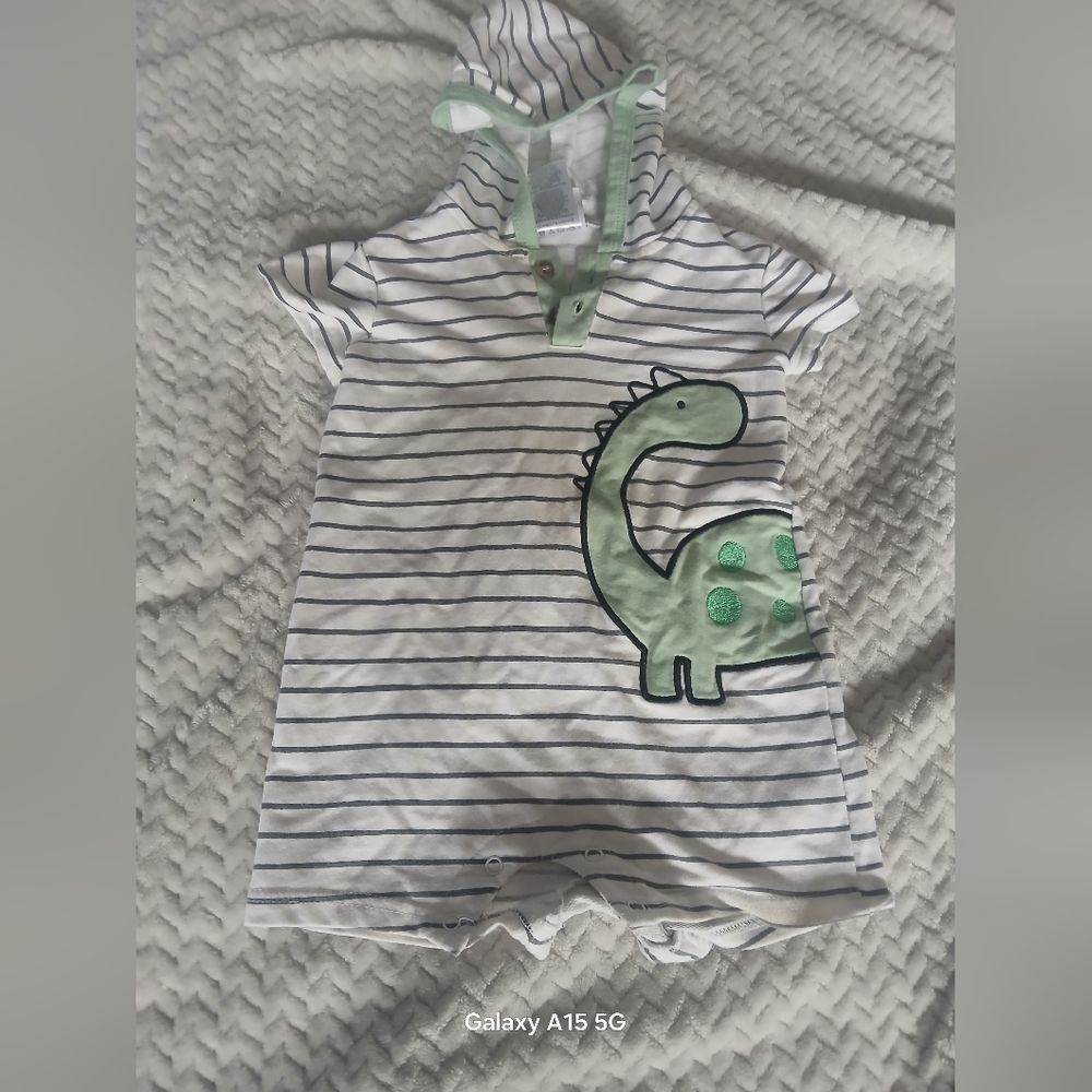 Striped Hooded Dino One-Piece Romper in Mint and White